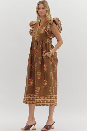 ENTRO INC Women's Dresses Floral Print Framed Flutter Sleeve Midi Dress