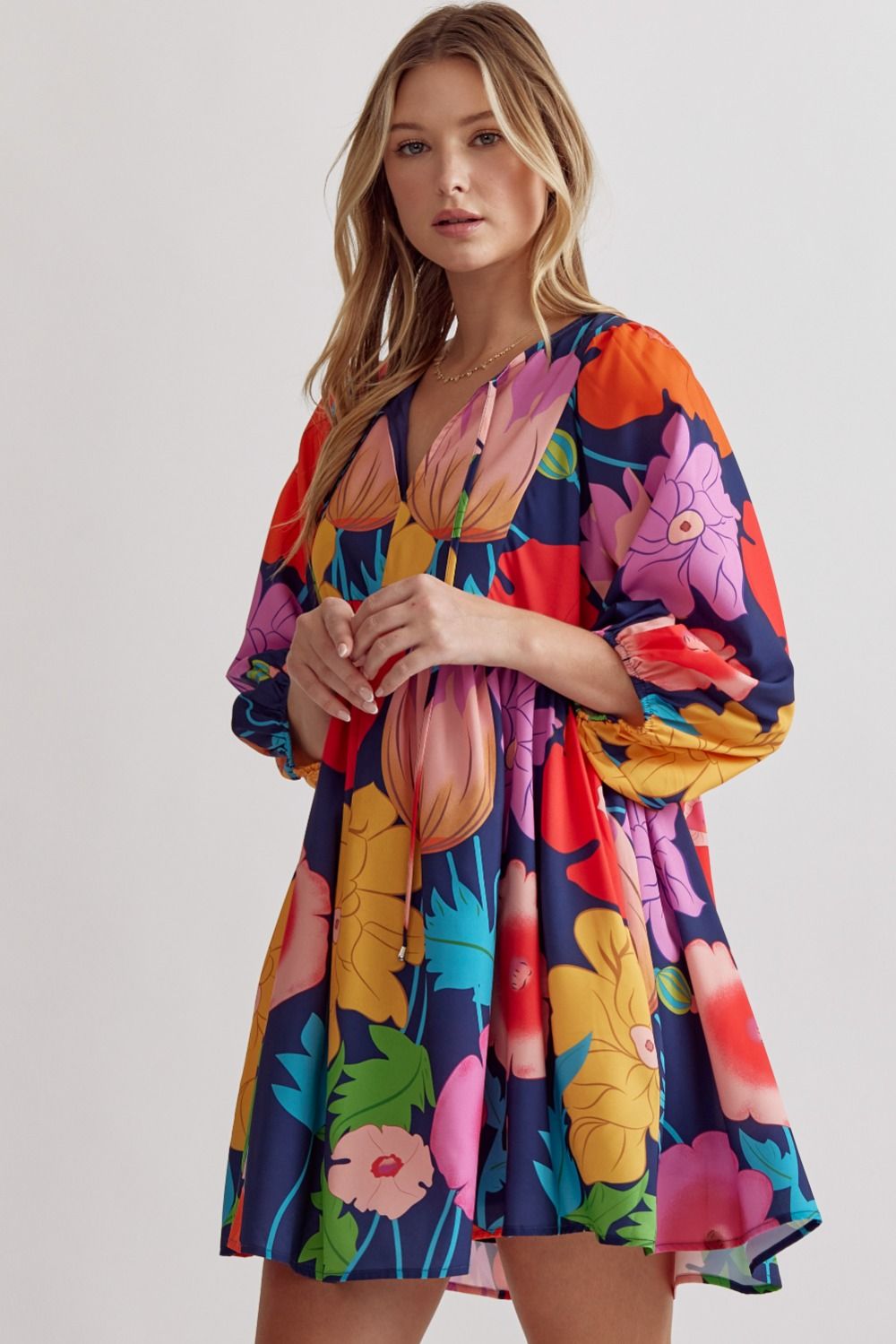 ENTRO INC Women's Dresses NAVY / S Floral Print Half Sleeve Mini Dress || David's Clothing D22262