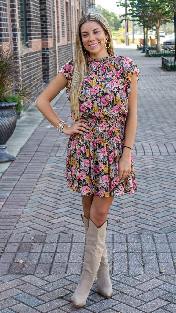 ENTRO INC Women's Dresses Floral Print Mock Neck Short Sleeve Mini Dress || David's Clothing