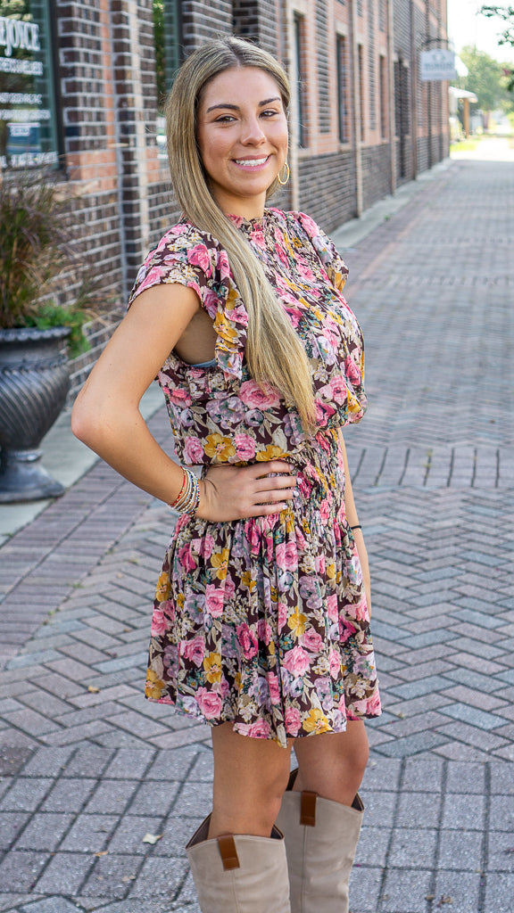 ENTRO INC Women's Dresses Floral Print Mock Neck Short Sleeve Mini Dress || David's Clothing