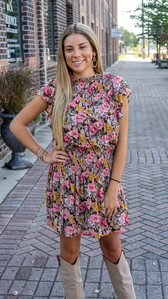 white christmas dresses Floral Print Mock Neck Short Sleeve Mini Dress