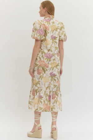 ENTRO INC Women's Dresses Floral Print Ruffled Neck Short Puff Sleeve Midi Dress