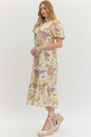 ENTRO INC Women's Dresses Floral Print Ruffled Neck Short Puff Sleeve Midi Dress