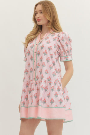 ENTRO INC Women's Dresses Floral Print Short Puff Sleeve Mini Dress