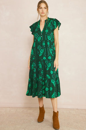 ENTRO INC Women's Dresses Floral Printed Ruffled Sleeve Midi Dress || David's Clothing