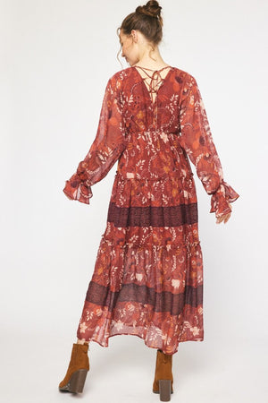 ENTRO INC Women's Dresses Floral Printed V-Neck Long Sleeve Maxi Dress || David's Clothing