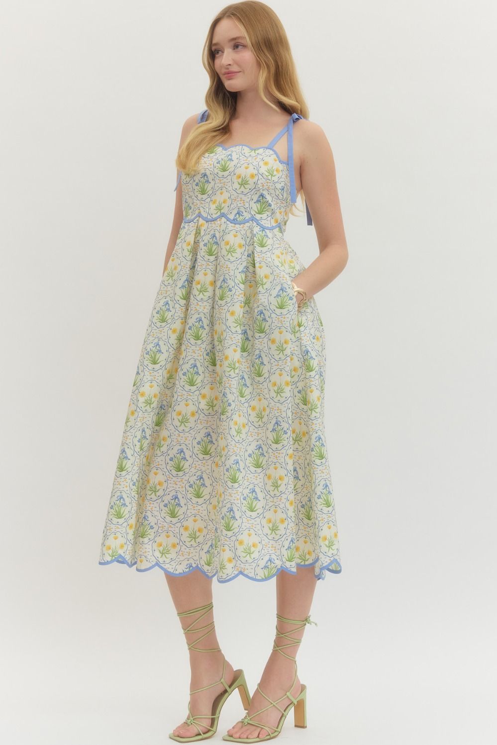 ENTRO INC Women's Dresses Floral Scallop Accent Trim And Tie Shoulder Straps Midi Dress