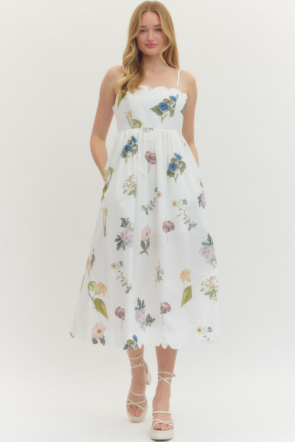 Floral Scallop Neckline Sleeveless Midi Dress