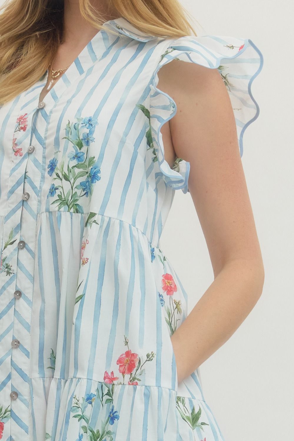 ENTRO INC Women's Dresses Floral Stripe Print Flutter Sleeve Mini Dress