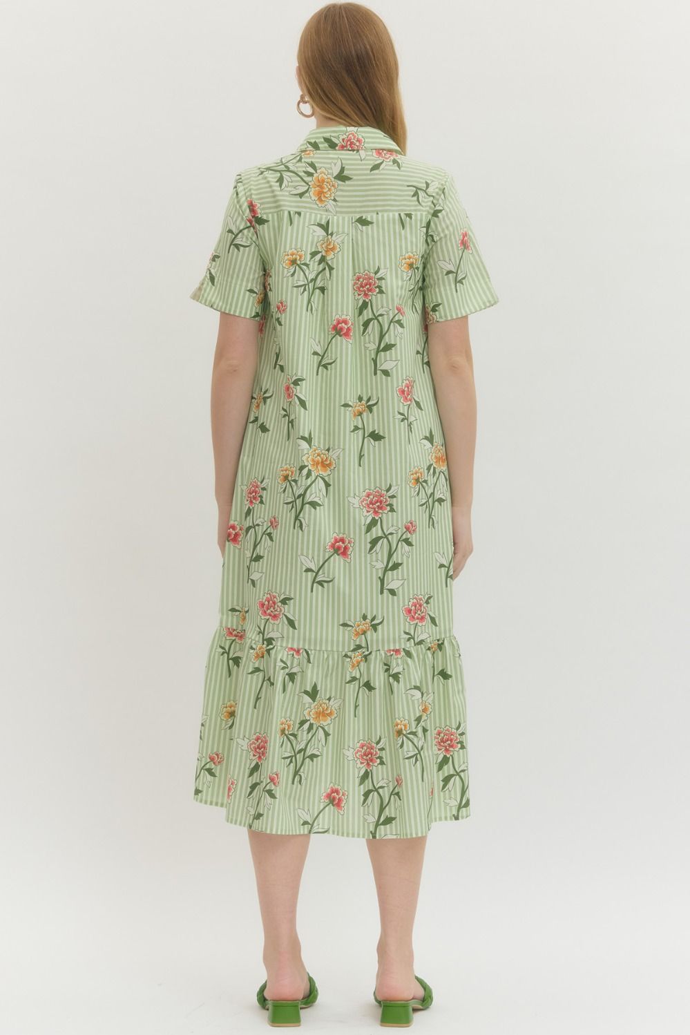 ENTRO INC Women's Dresses Floral Stripe Print Short Sleeve Midi Dress