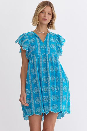 ENTRO INC Women's Dresses FR BLUE / S Embroidered And Eyelet Sleeveless Mini Dress || David's Clothing D22405