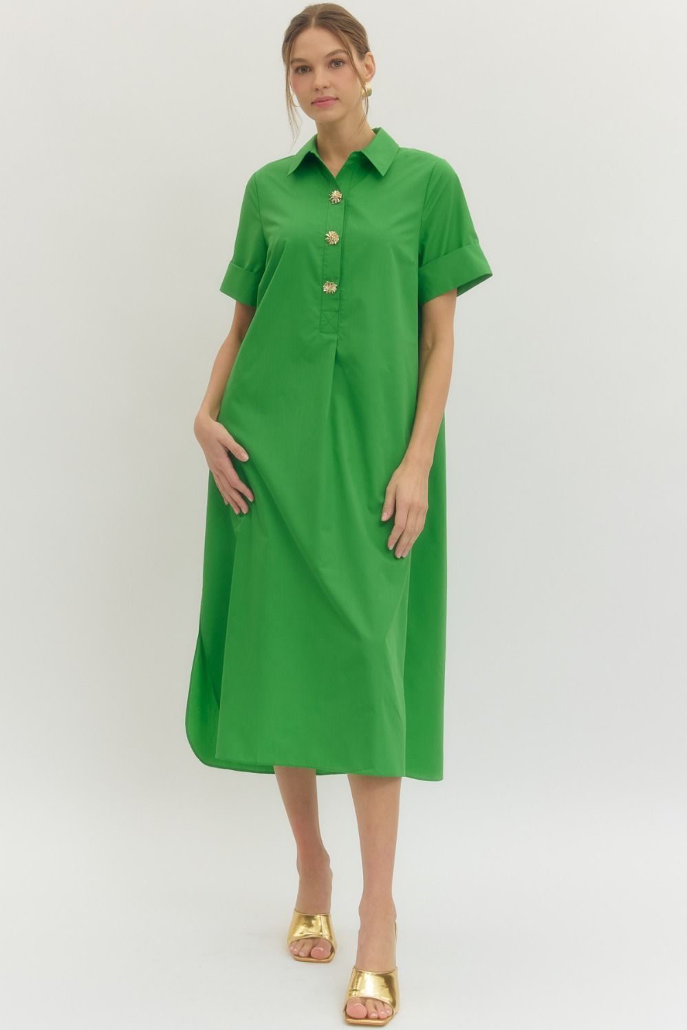 ENTRO INC Women's Dresses Gold Button Detail Short Sleeve Midi Dress