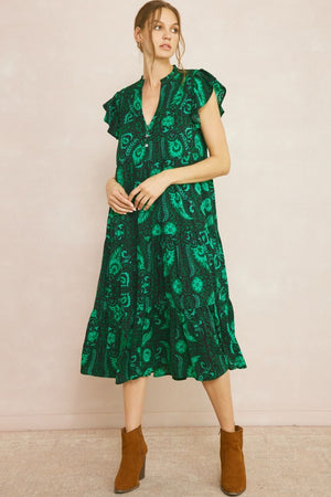 ENTRO INC Women's Dresses GREEN / S Floral Printed Ruffled Sleeve Midi Dress || David's Clothing D21414