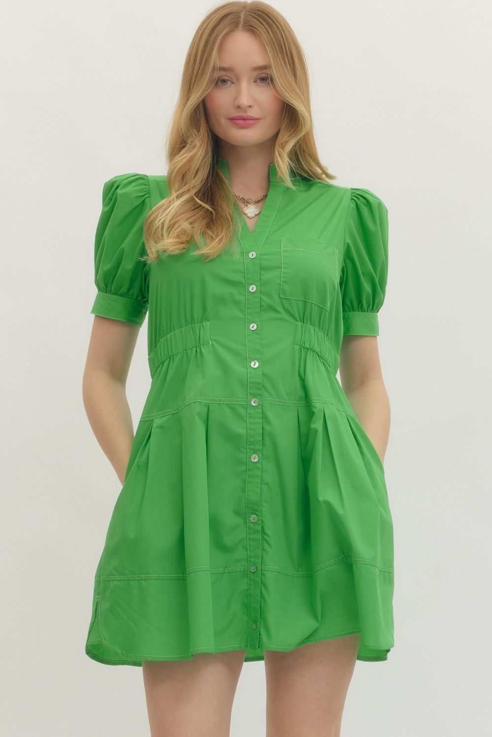 ENTRO INC Women's Dresses GREEN / S Solid short puff sleeve mini dress D29093