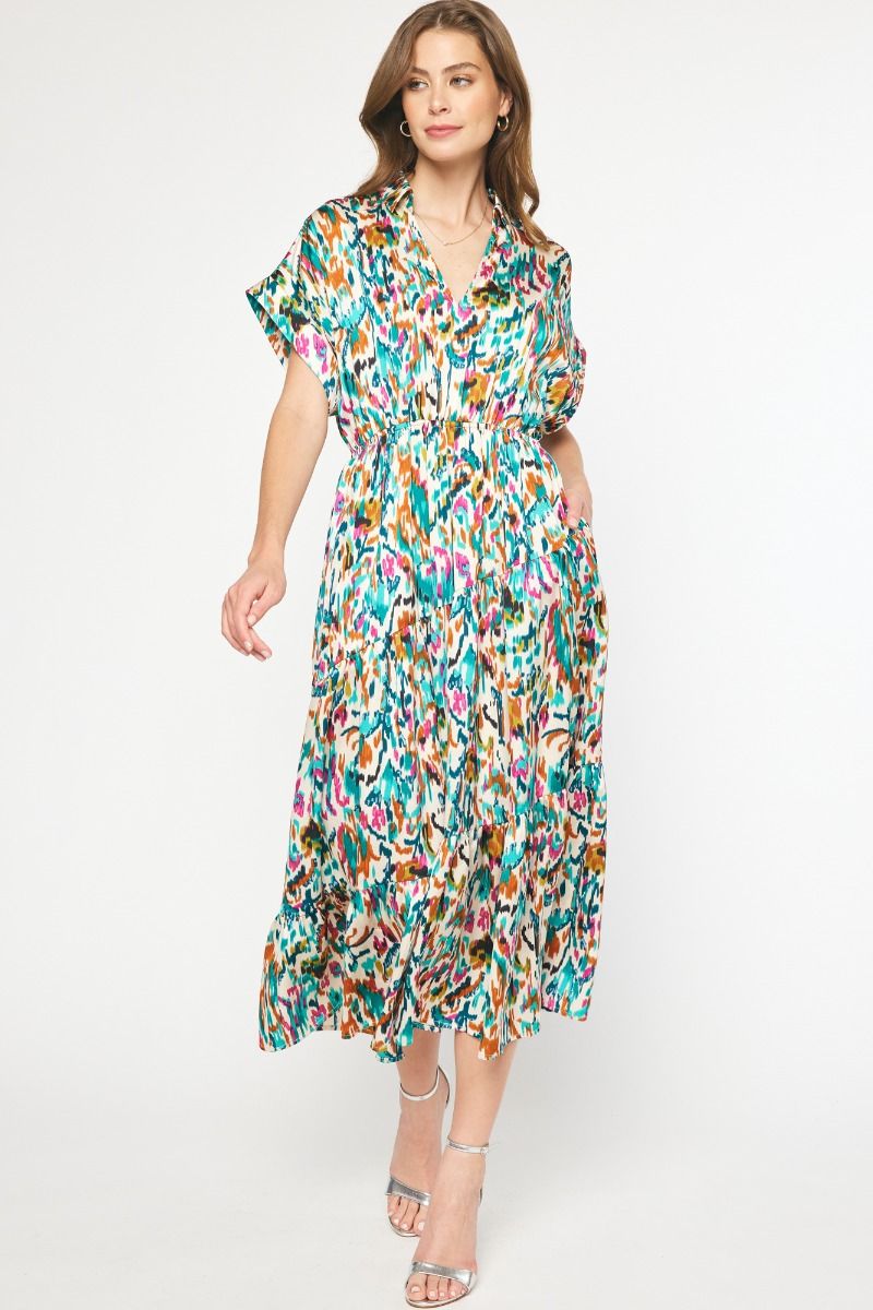 ENTRO INC Women's Dresses IVORY / S Satin Printed Collared Maxi Dress || David's Clothing D21114