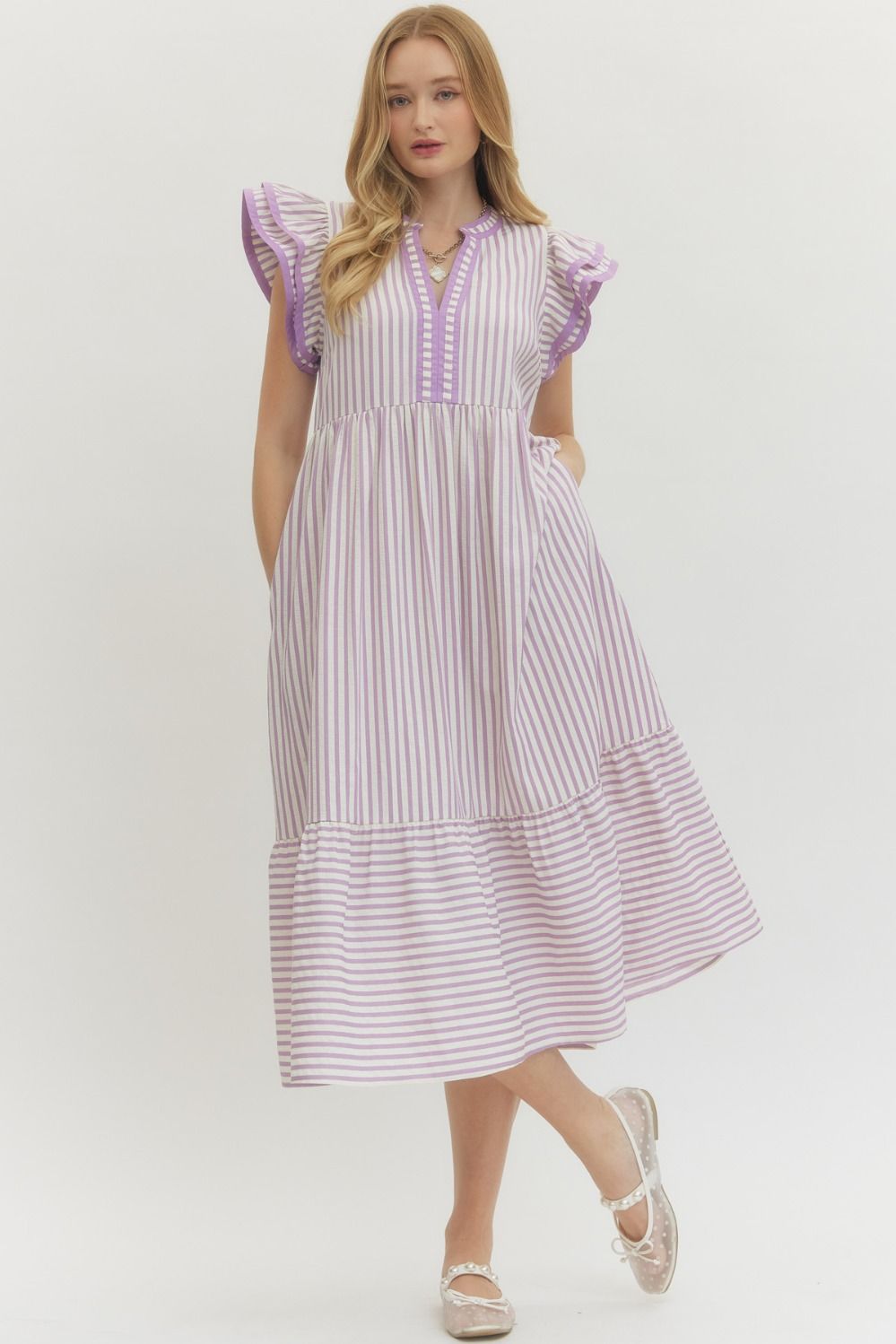 ENTRO INC Women's Dresses LAVENDER / S Textured stripe pattern tiered ruffle flutter sleeve D26444SPRING