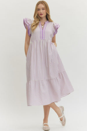 ENTRO INC Women's Dresses LAVENDER / S Textured stripe pattern tiered ruffle flutter sleeve D26444SPRING