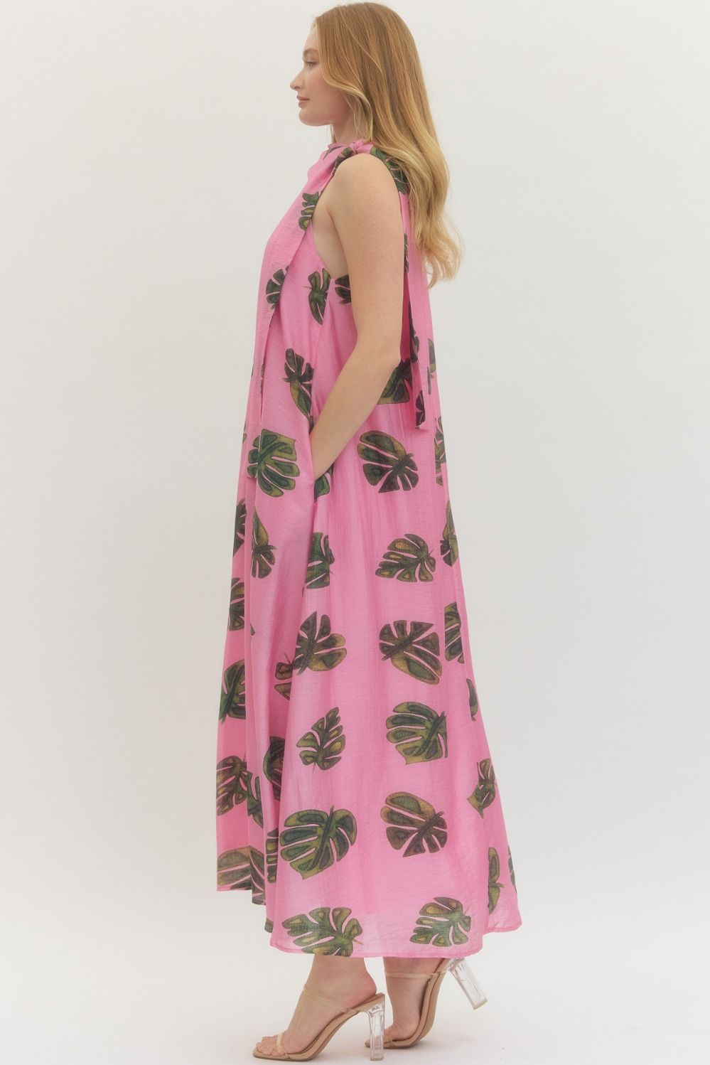 ENTRO INC Women's Dresses Leaf Print Halter Neck Maxi Dress