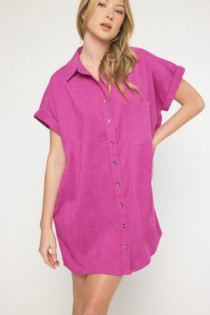 ENTRO INC Women's Dresses ORCHID H / S Solid Corduroy Button Down Dress || David's Clothing D21041