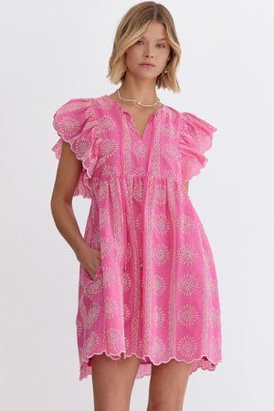 ENTRO INC Women's Dresses PINK / S Embroidered And Eyelet Sleeveless Mini Dress || David's Clothing D22405