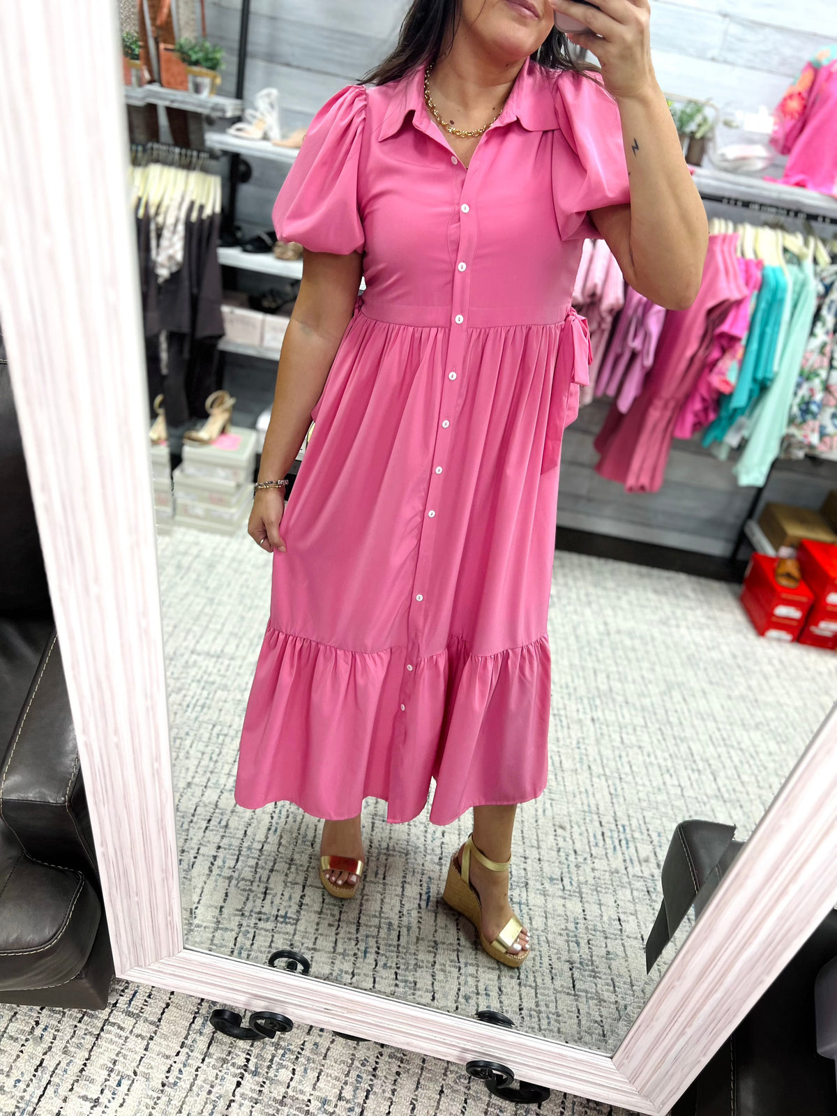 Shirt Collar Button Closure Short Bubble Sleeve Midi Dress - Pink / L Shirt Collar Button Closure Short Bubble Sleeve Midi Dress - Pink / L