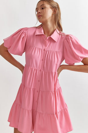 ENTRO INC Women's Dresses PINK / S Short Sleeve Button Up Dress || David's Clothing D21143