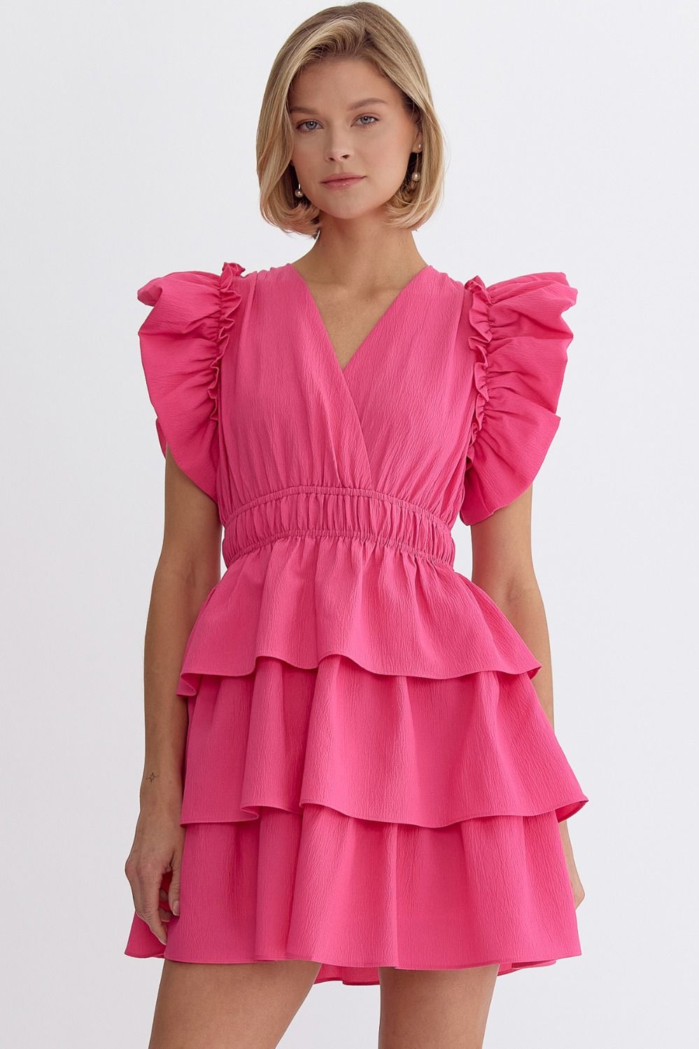 ENTRO INC Women's Dresses PINK / S Solid V-Neck Ruffle Sleeve Mini Dress || David's Clothing D20903NEW