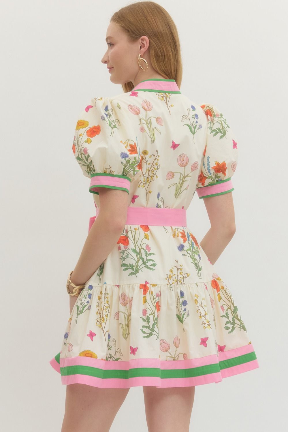 ENTRO INC Women's Dresses Pink Tie Floral puff sleeve mini dress