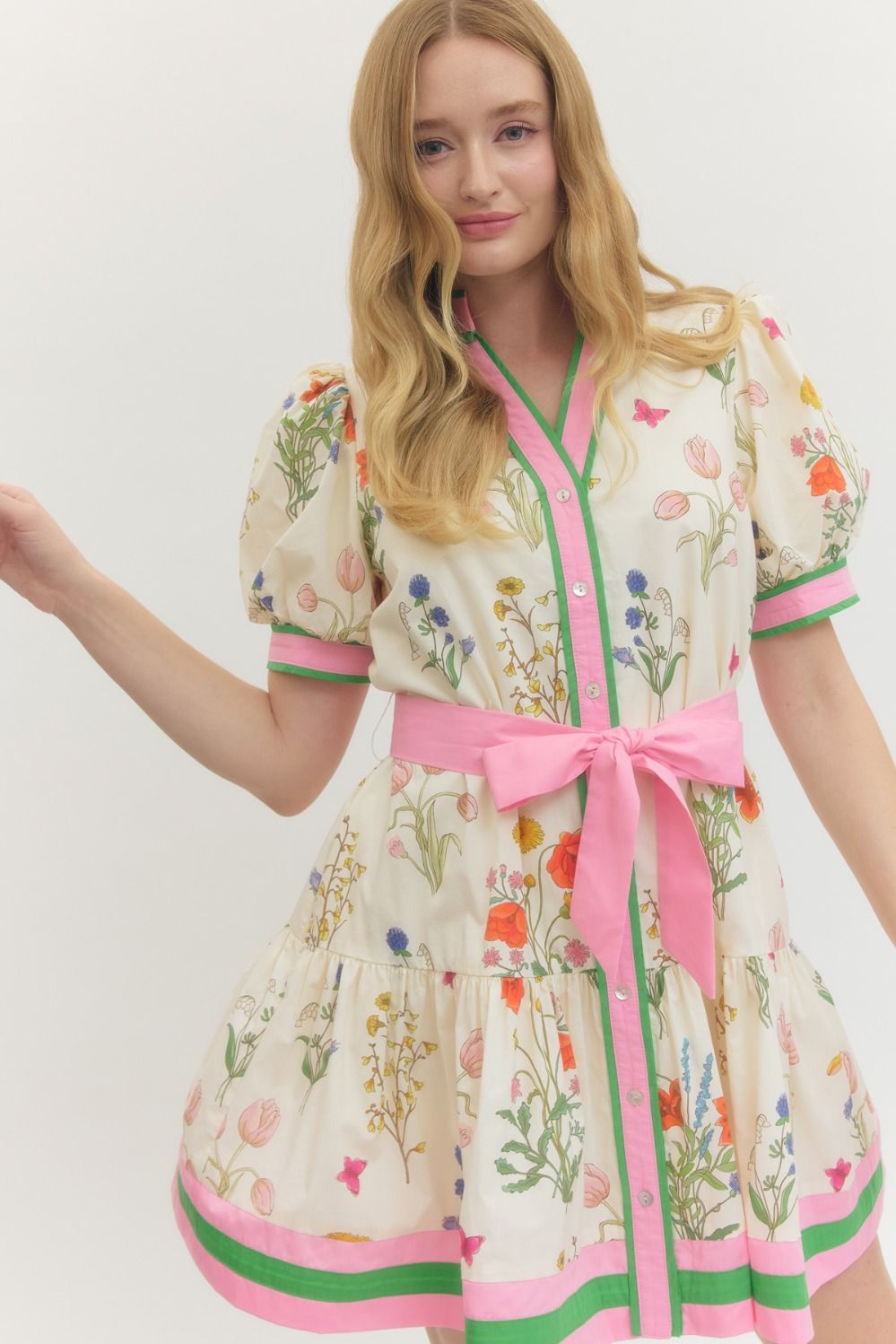 ENTRO INC Women's Dresses Pink Tie Floral puff sleeve mini dress