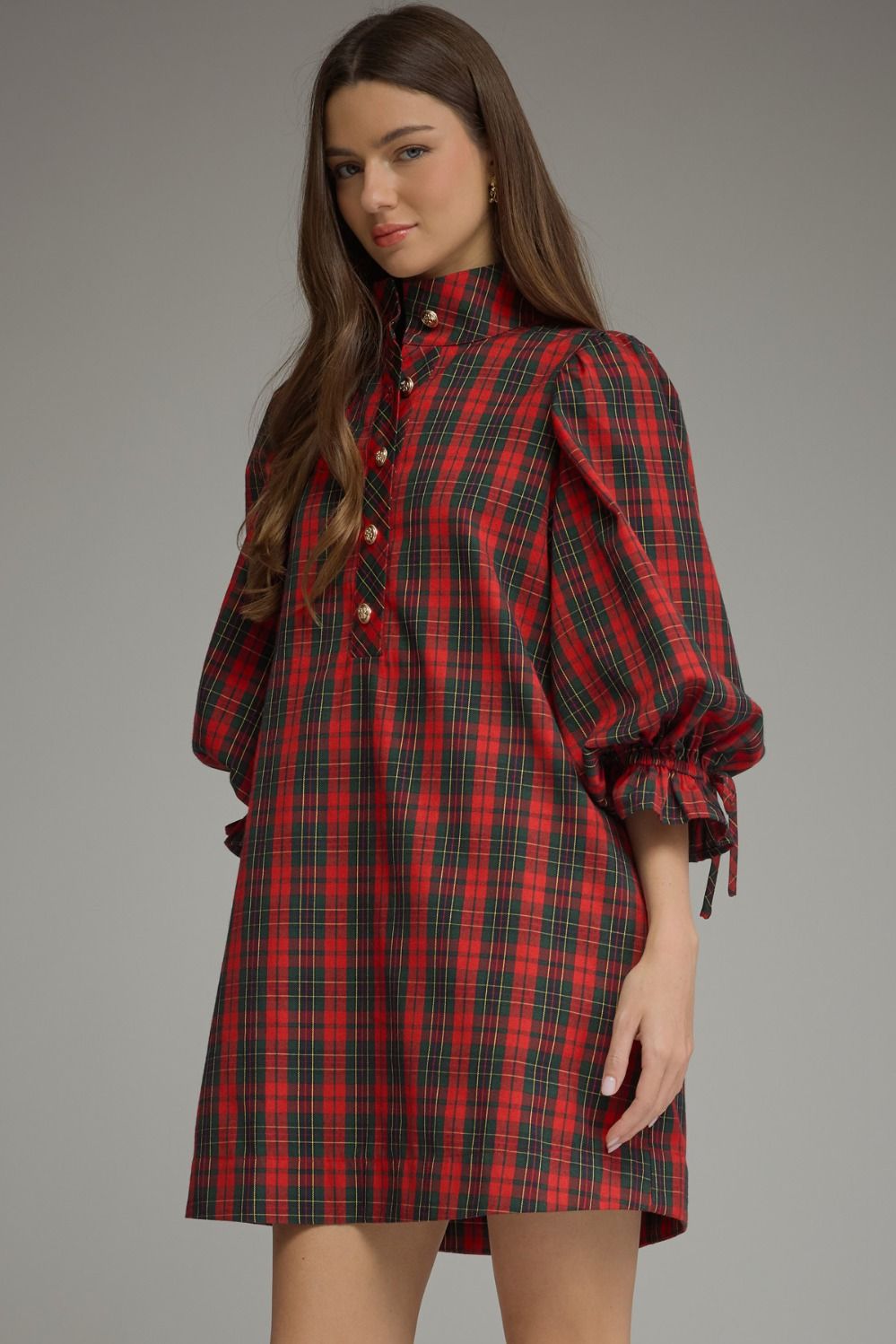 ENTRO INC Women's Dresses Plaid ¾ Balloon Sleeve Mini Dress