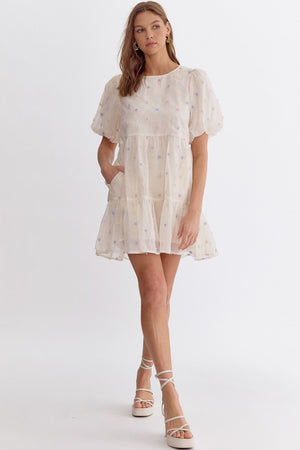 ENTRO INC Women's Dresses Pom Pom Bubble Sleeve Tiered Mini Dress || David's Clothing