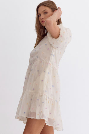 ENTRO INC Women's Dresses Pom Pom Bubble Sleeve Tiered Mini Dress || David's Clothing