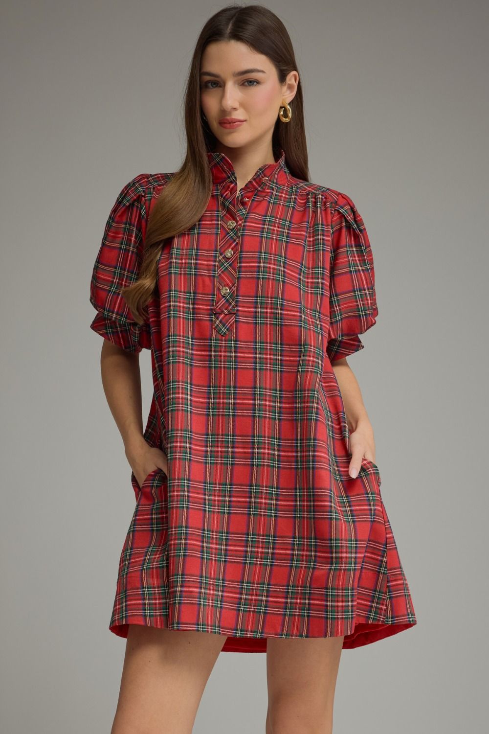 ENTRO INC Women's Dresses RED / S Holiday Plaid Short Puff Sleeve Mini Dress D33968