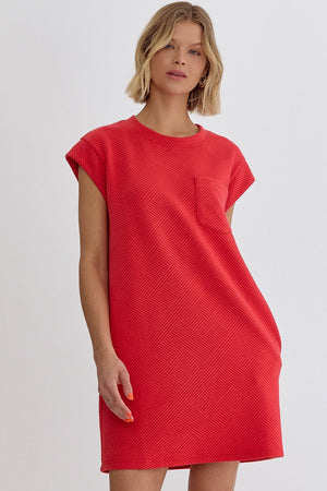 ENTRO INC Women's Dresses RED / S Textured Round Neck Sleeveless Mini Dress || David's Clothing D22390