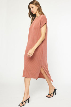 ENTRO INC Women's Dresses Ribbed Short Sleeve Midi Dress || David's Clothing