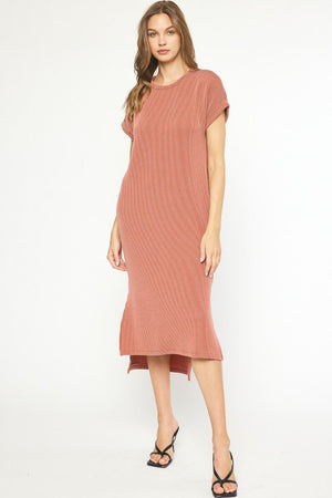ENTRO INC Women's Dresses RUST / S Ribbed Short Sleeve Midi Dress || David's Clothing 7218