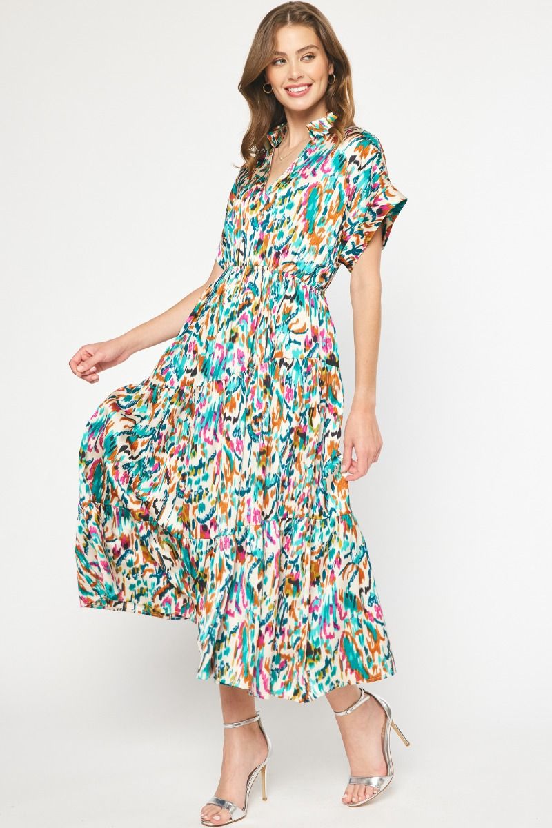ENTRO INC Women's Dresses IVORY / S Satin Printed Collared Maxi Dress || David's Clothing D21114