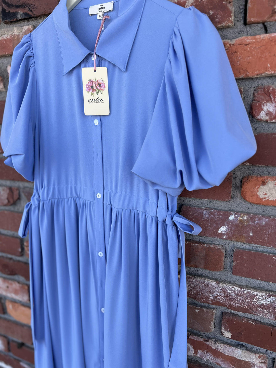 Shirt Collar Button Closure Short Bubble Sleeve Midi Dress Shirt Collar Button Closure Short Bubble Sleeve Midi Dress
