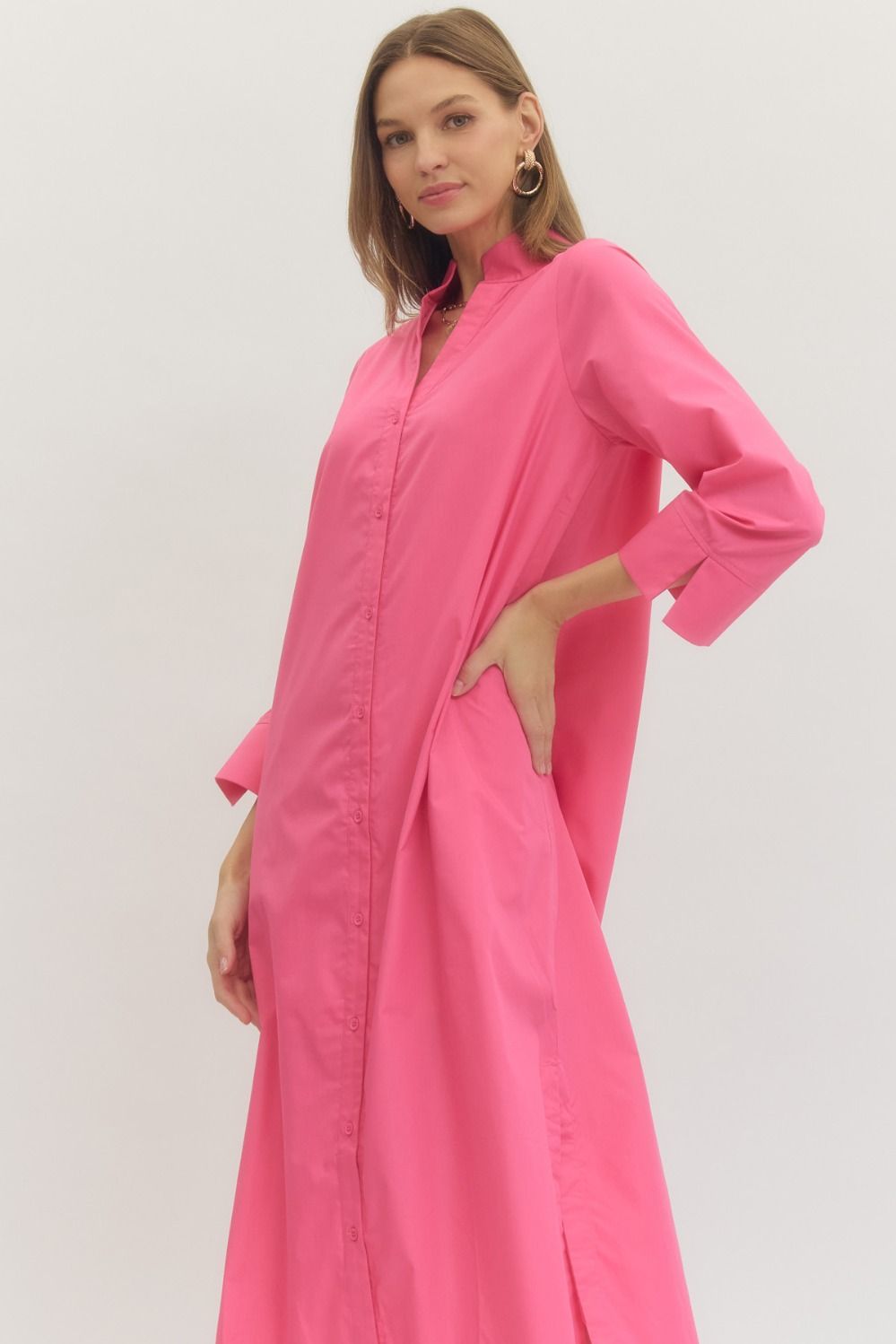 ENTRO INC Women's Dresses Solid Button Down Long Sleeve Midi Dress