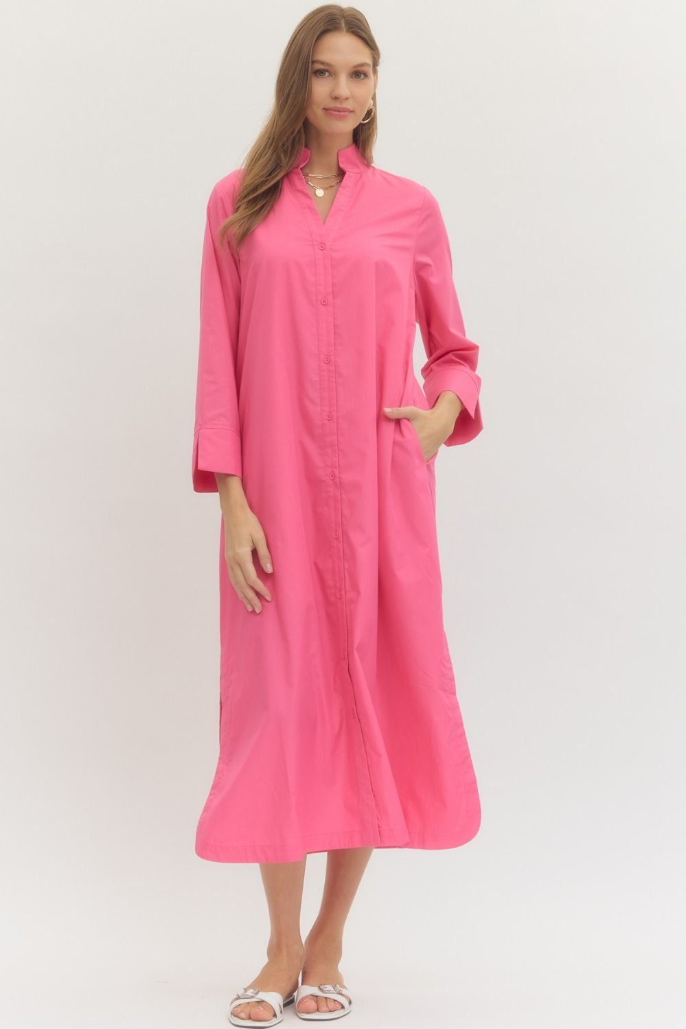 ENTRO INC Women's Dresses Solid Button Down Long Sleeve Midi Dress