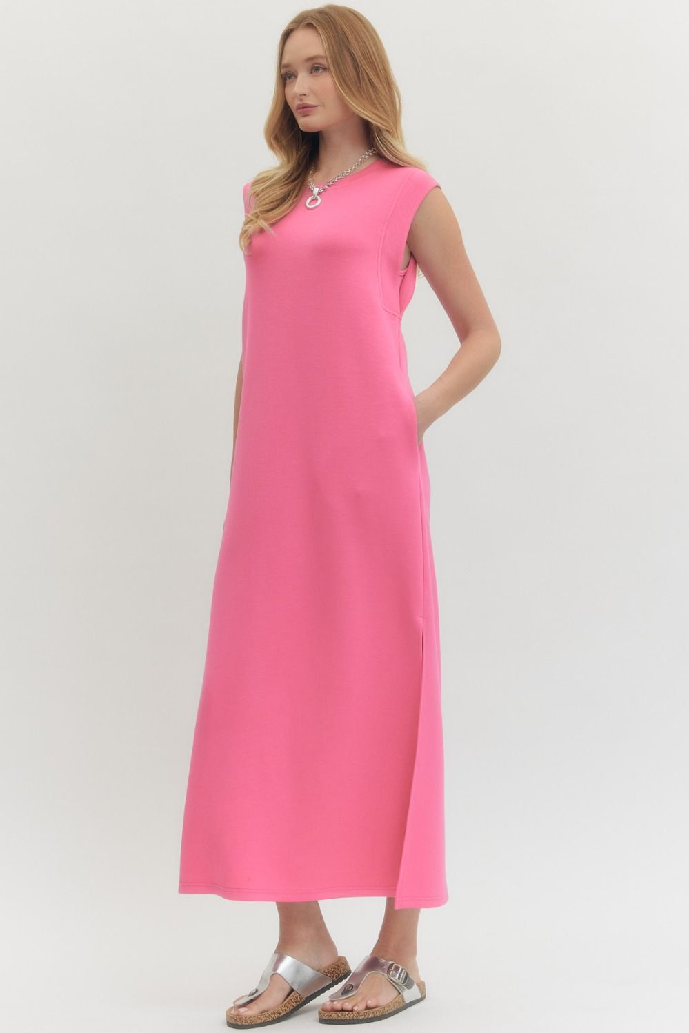 ENTRO INC Women's Dresses PINK / S Solid Jersey Knit Pullover Midi Dress || David's Clothing D27101