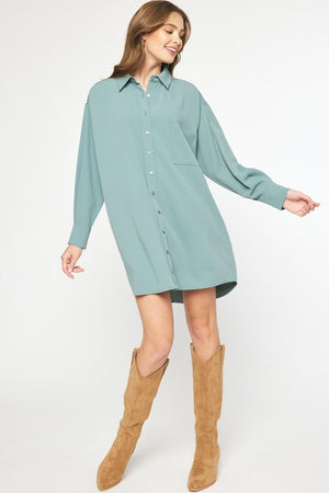 ENTRO INC Women's Dresses Solid Long Sleeve Collared Button Up Mini Dress || David's Clothing