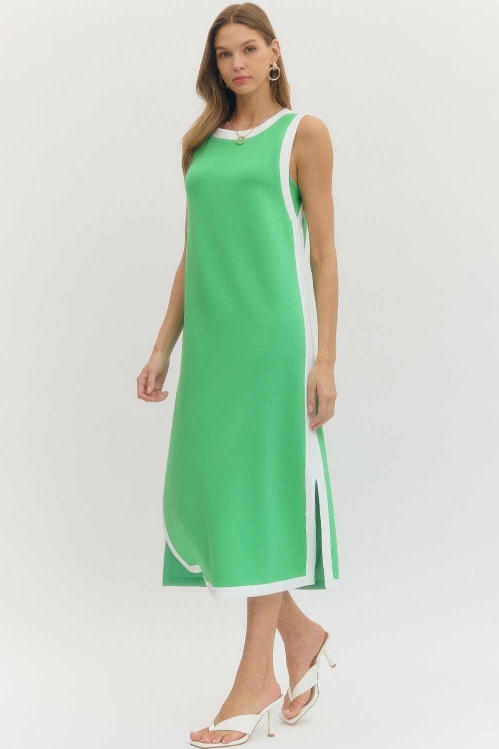 scuba midi dress Evening Ease Lace Trim in Bubblegum Pink Flawlessly flattering Sleeveless Scuba Midi Dress -