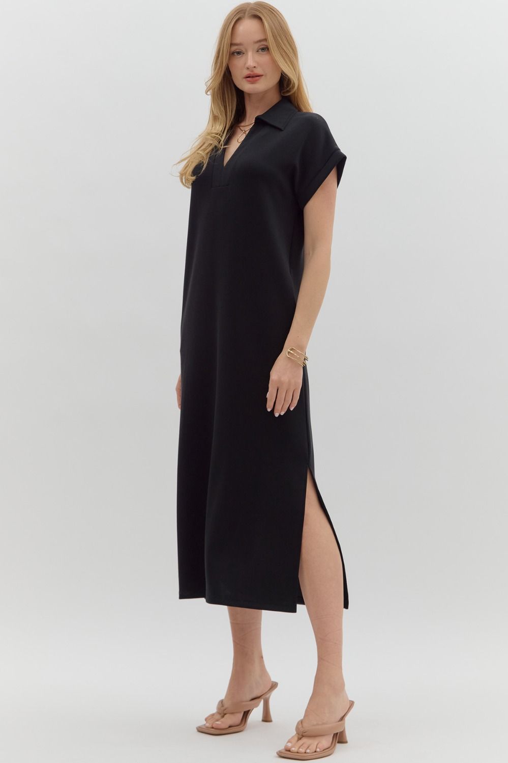 ENTRO INC Women's Dresses BLACK / S Solid Split Collar Scuba Midi Dress D27543