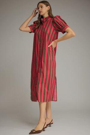 ENTRO INC Women's Dresses Stripe Print Short Puff Sleeve Midi Dress