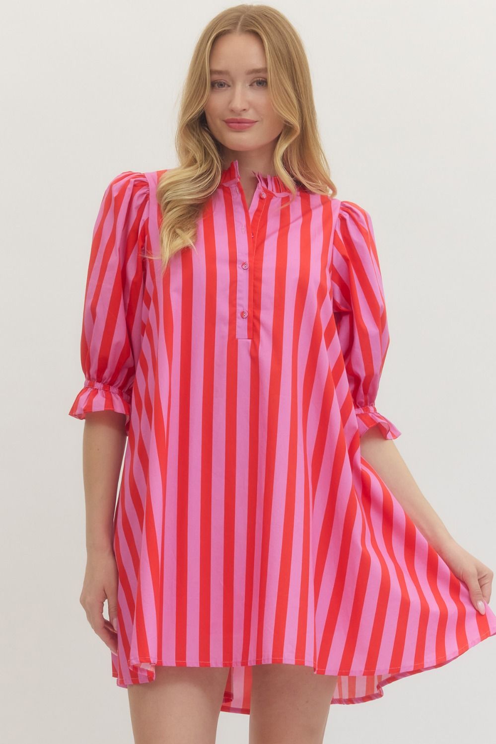 Striped 3/4 Puff Sleeve Mini Dress