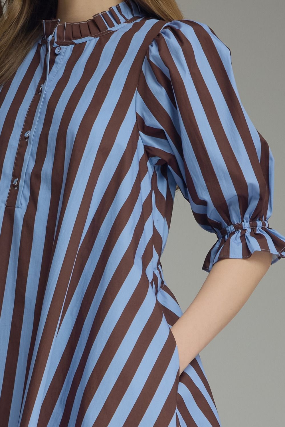 ENTRO INC Women's Dresses Striped 3/4 Puff Sleeve Mini Dress