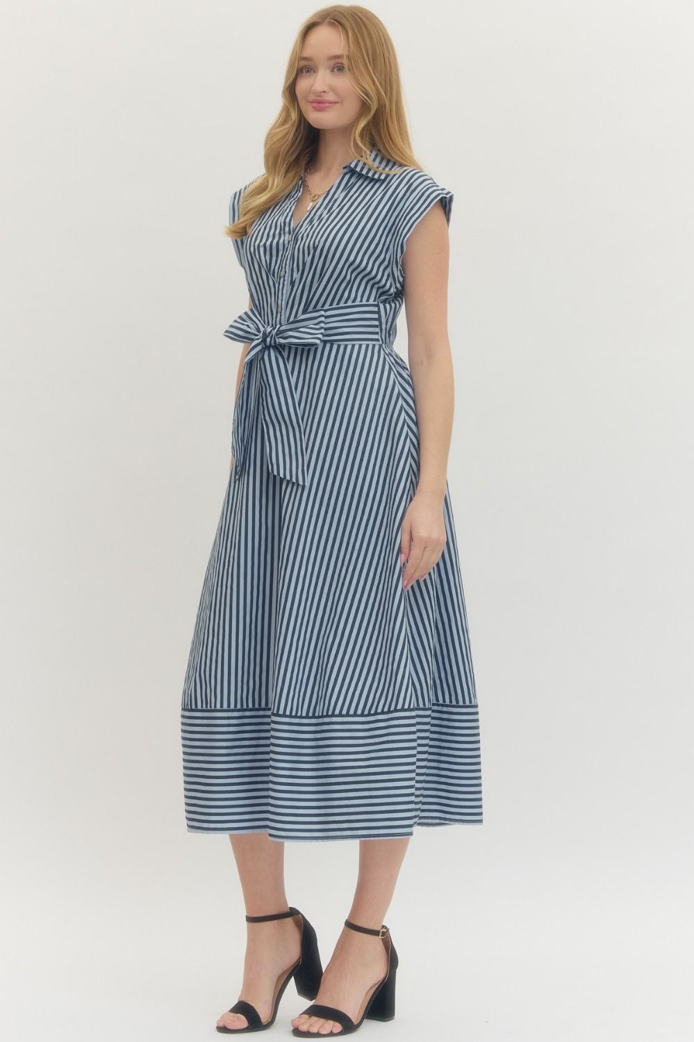 ENTRO INC Women's Dresses Striped Cap Sleeve Self-Tie Midi Dress