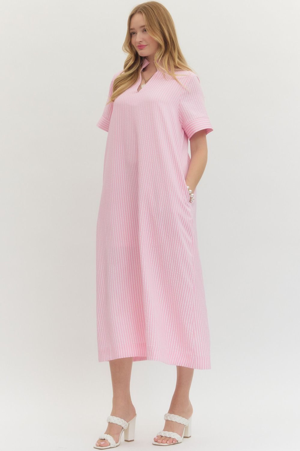 ENTRO INC Women's Dresses Striped Short Sleeve Midi Dress