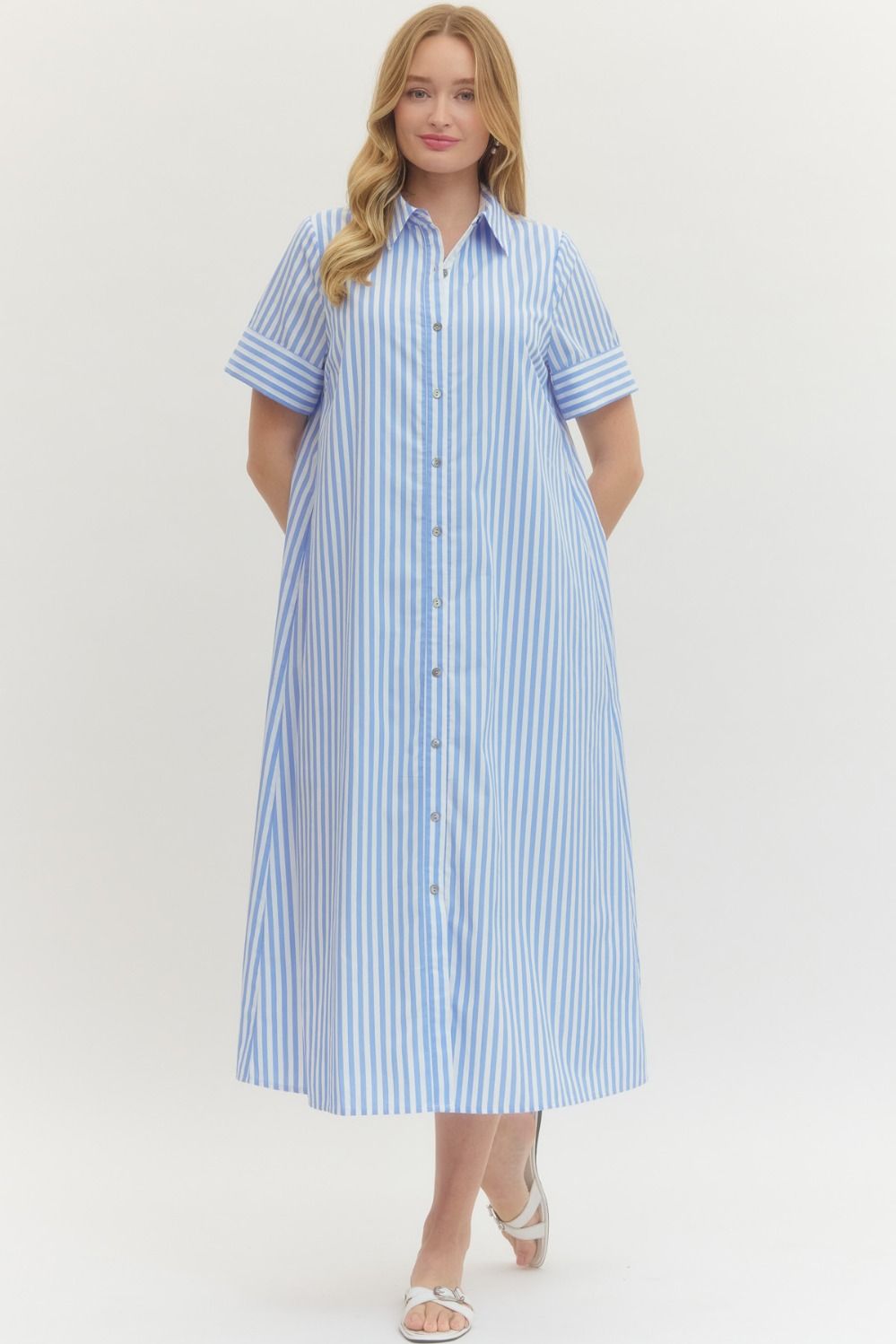 ENTRO INC Women's Dresses Striped Short Sleeve Shirt Midi Dress